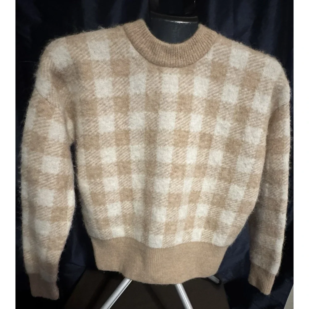 Sezane Becky Jumper  Baby Alpaca Sweater Beige Gingham Fuzzy Knit Parisian Chic - Picture 2 of 7